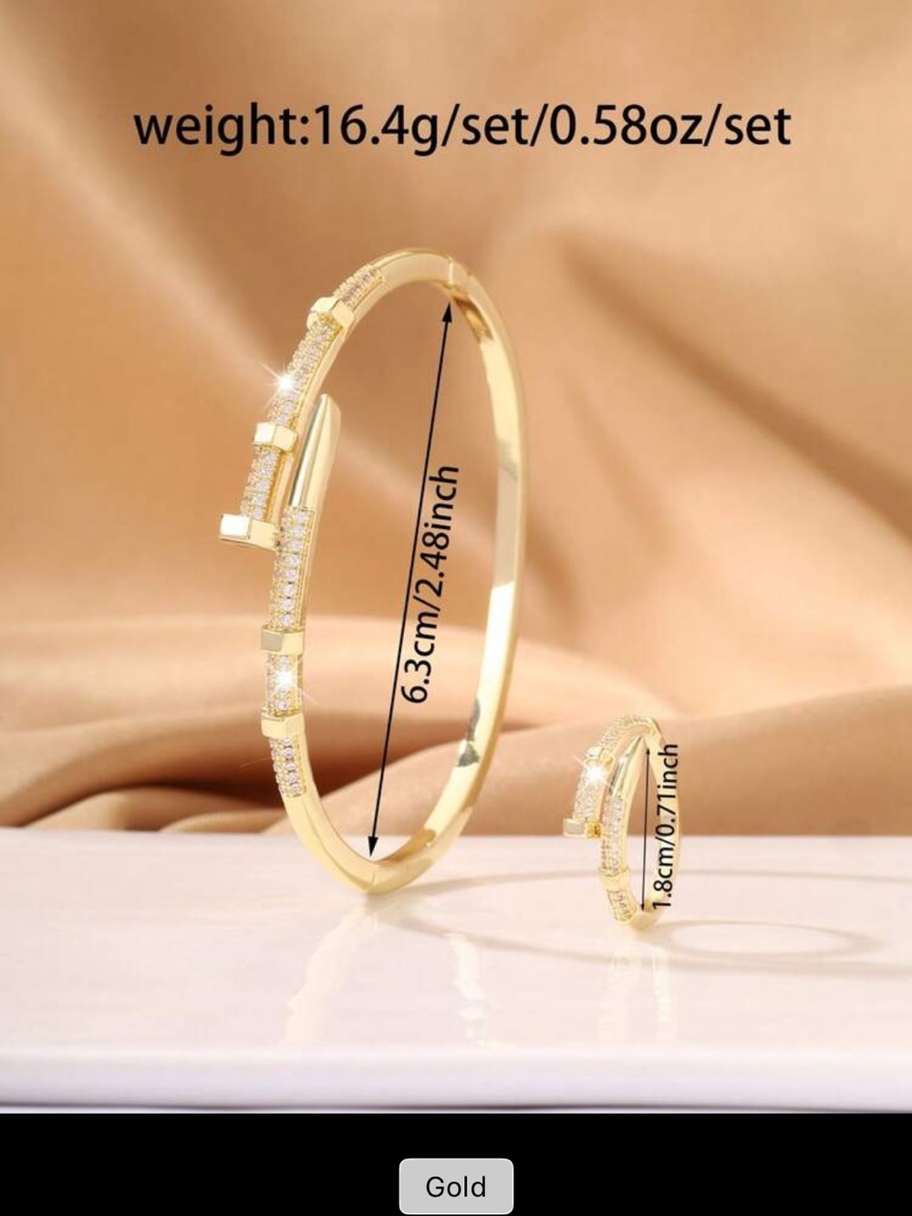 Gold Pavé Nail Cuff Bracelet Ring Set 2pc viral CZ crystal designer stack new - Picture 3 of 3